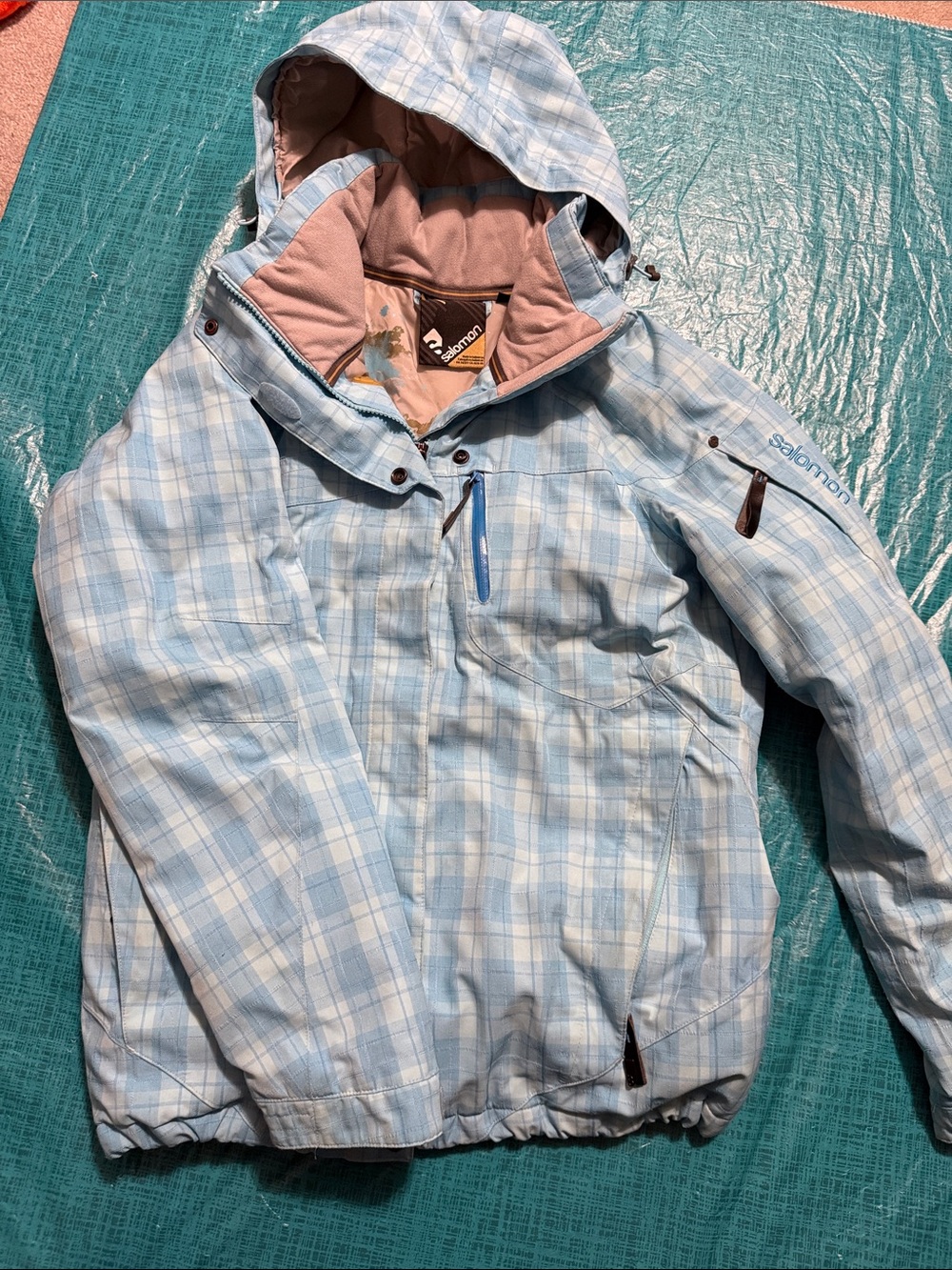 Salomon Light Blue Plaid Hooded Kids Puffer Jacket